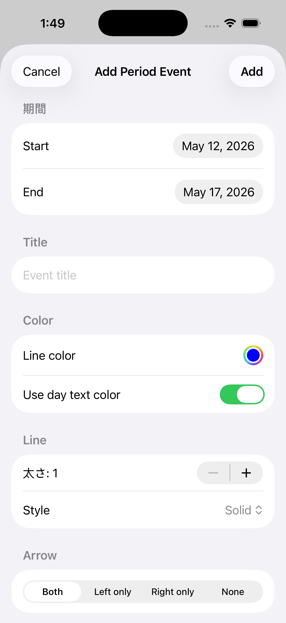 Period event editor — color, line style, arrows